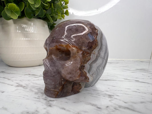Crazy Lace Agate + Amethyst Skull