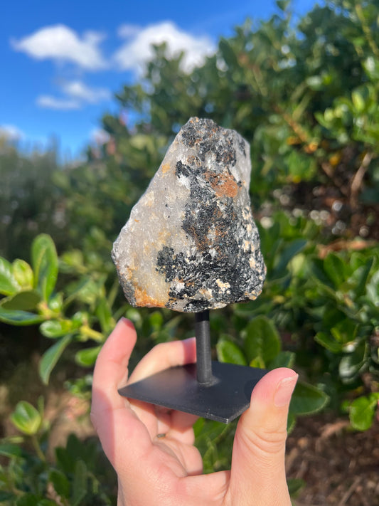 Raw Black Tourmaline in Quartz on Stand