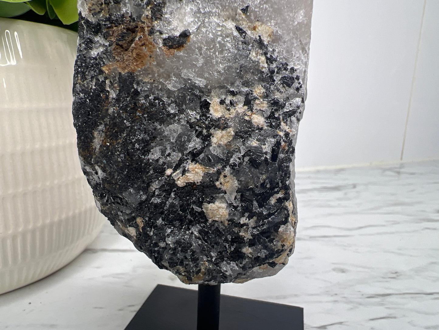 Raw Black Tourmaline in Quartz on Stand